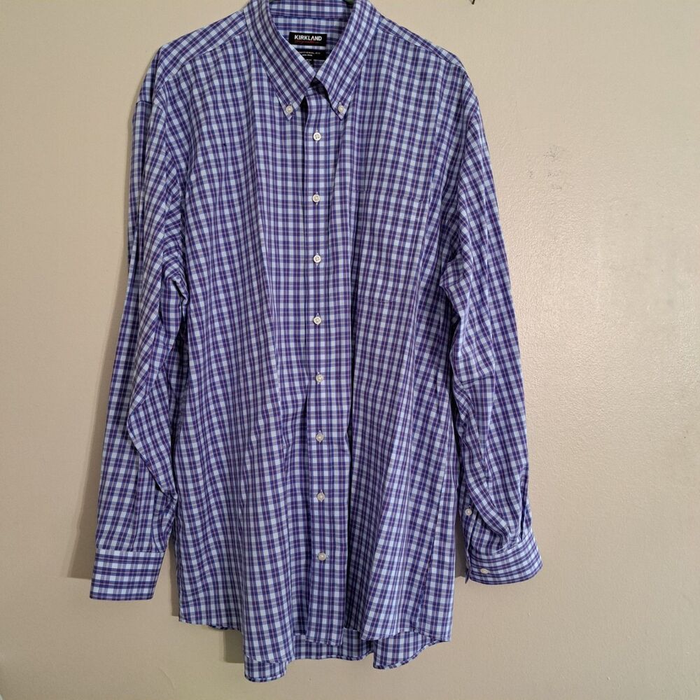 Kirkland Men's No-Iron Button-Down Long Sleeve Shirt Plaid Size 18.5 - 36/37